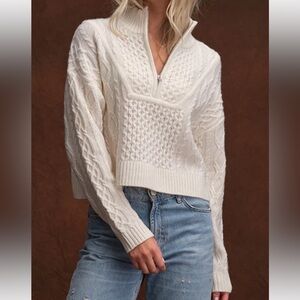 100% Cashmere Cropped Cable Quarter Zip Mockneck Sweater - size L - NWT